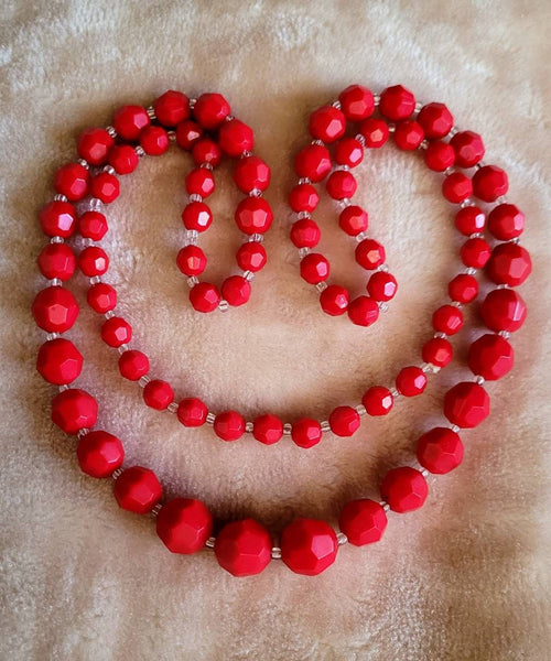 60s Signiture Necklace Graduating Facted Red Bead with Crystal Clear Spacers. Sweet