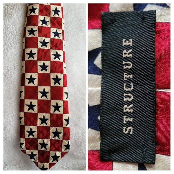 Rare Vintage Tie by Structure Rare Red White Blue  Check with White Stars..! Fresh and Fun Blast from the Past...