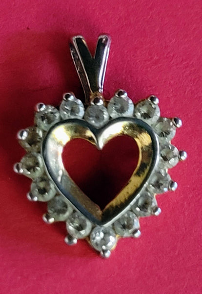 RhineStones Pretty Petite Heart Necklace Gold & Silver Encircled with Tiny Rhinestones. . Sweetheart Gift Someone Close to Your Heart..!