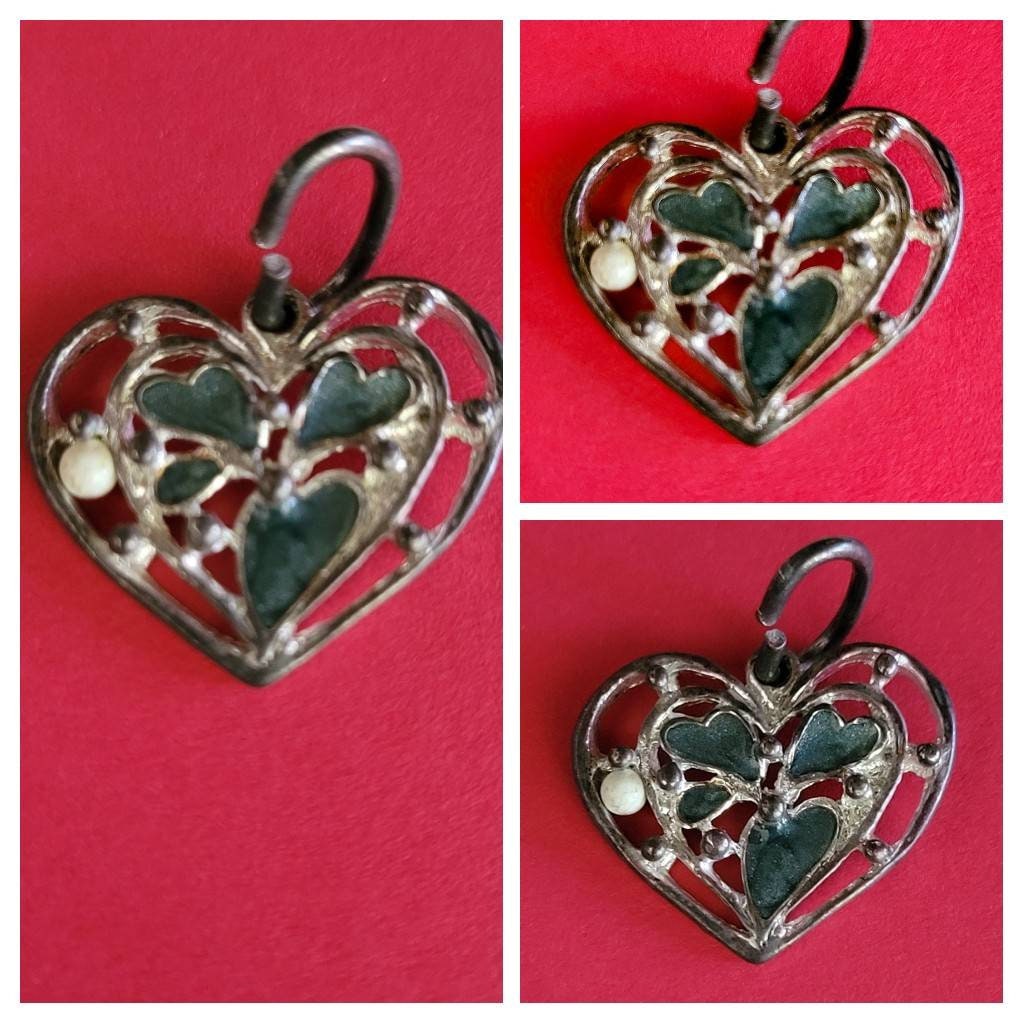 Vintage Heart Pendant With Green Heart Chakra Enamel Treatment  Tiny Creame Bead Sweet Heart Jewelry Gift of Love HeartGifts  Silver Heart