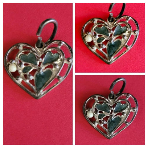 Vintage Heart Pendant With Green Heart Chakra Enamel Treatment  Tiny Creame Bead Sweet Heart Jewelry Gift of Love HeartGifts  Silver Heart