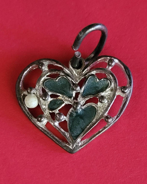 Vintage Heart Pendant With Green Heart Chakra Enamel Treatment  Tiny Creame Bead Sweet Heart Jewelry Gift of Love HeartGifts  Silver Heart