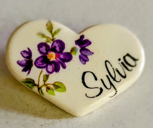 Personalized Vintage Ceramic Pin is Especially for Sylvia Handpaited Flowers  a Beautiful Touch to this Personal Treasure for Sylvia