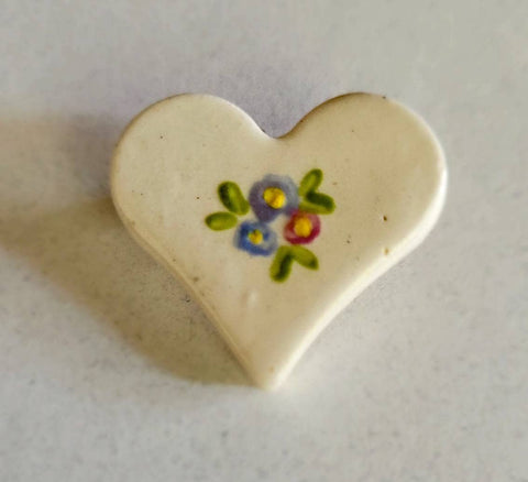 Vintage  Sweetheart Pin Delicatly Handpainted Flowers on Soft Cream Colored Ceramic Hearts 1940s Signed with A Heart Romatic Nostalgia