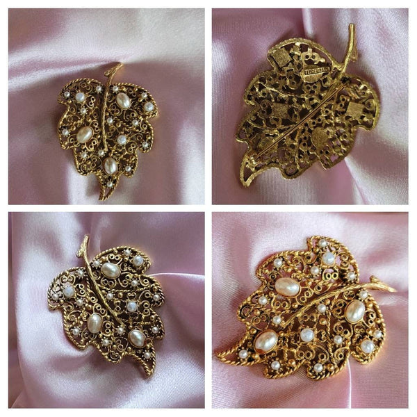 FLORENZA Pearls on Golden Leaf Perfect Pin..! Fab Fifties Elegant Designs by House of Florenza Dramatic Timeless Period Passion Pieces  RARE