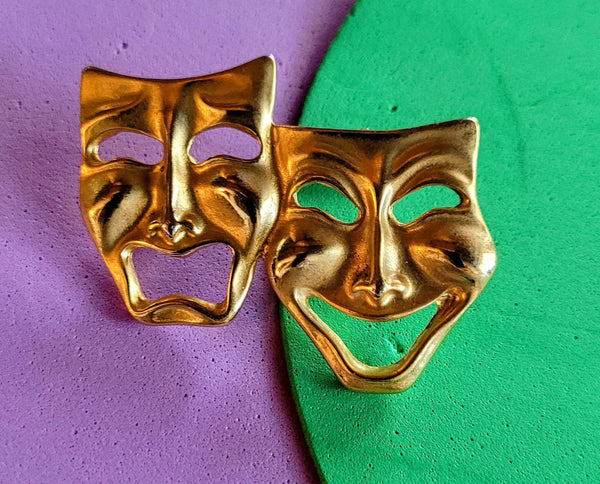 Faces Collection Lapel Pin  Pin for A Hat  Theater Comedy Or Tragedy Dramatic Faces of Gold with Extreme Expression of Life's Up and Downs.