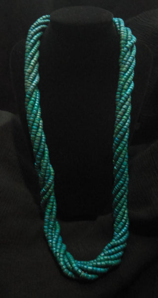 Turquoise Blue 6 Strand Striking Wood Necklace. Wear Long? Double?  Suspend a Pendant..!