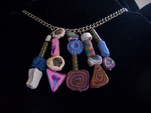 Handmade Clay Beaded Necklace Rainbow of Color Patters Shapes, Conversation Piece